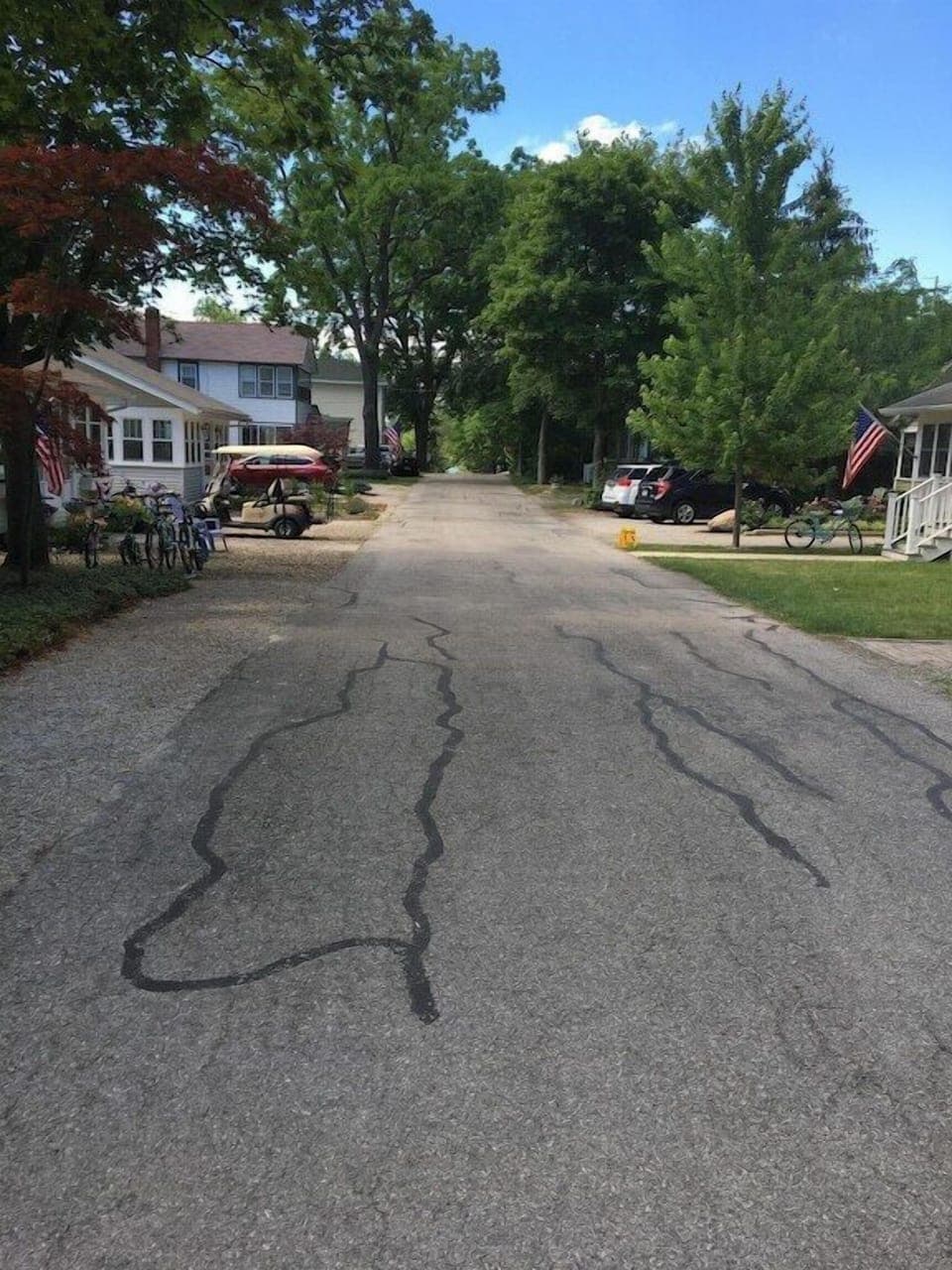 View down the street to the lake: flat and great for kids to play on