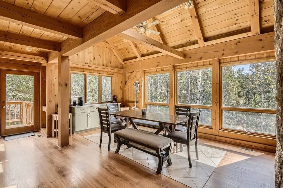 Dining area seating for large group. Plenty of space.  Wired for premium sound and music.  Next to kitchen, back yard and fireplace. Diming lights at night.
