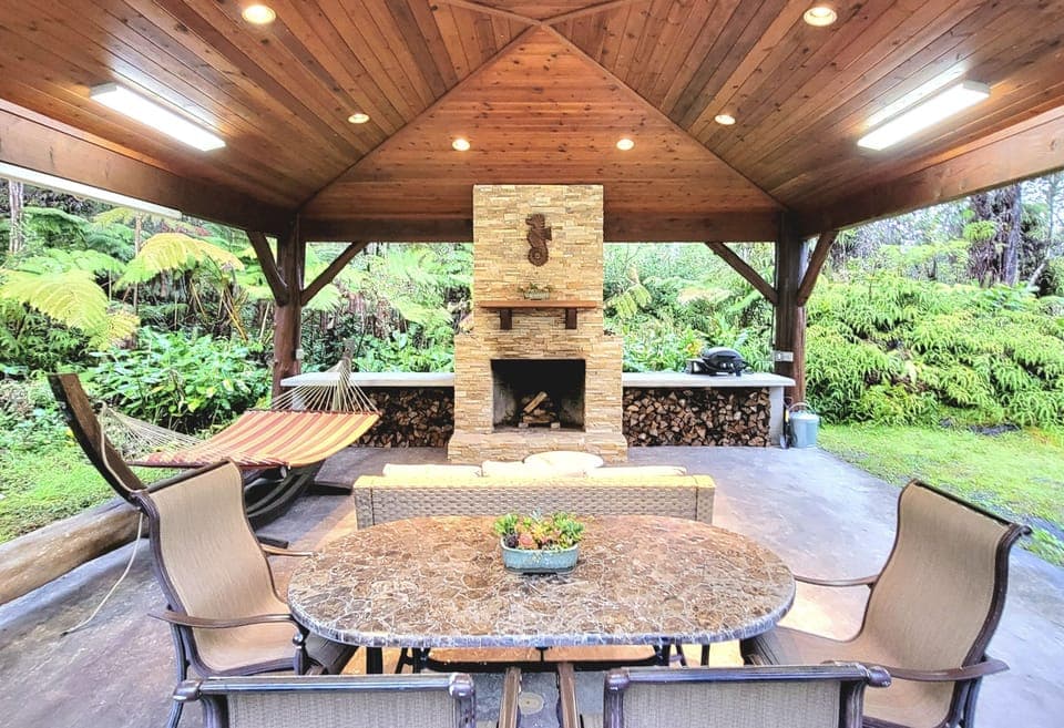 Outdoor Pavilion with Fireplace, Sitting & Dining Areas