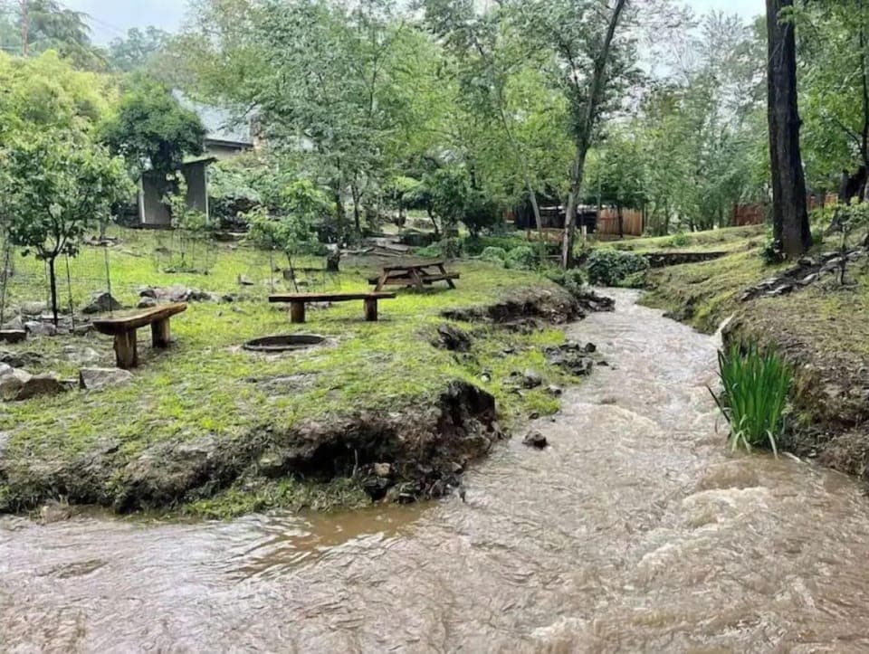 Relax on the benches along the creek