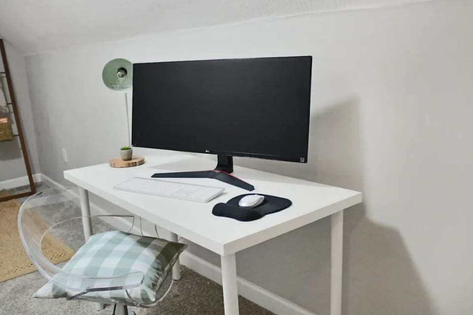 Perfect work from home station set up with Monitor and HDMI cable for our guests