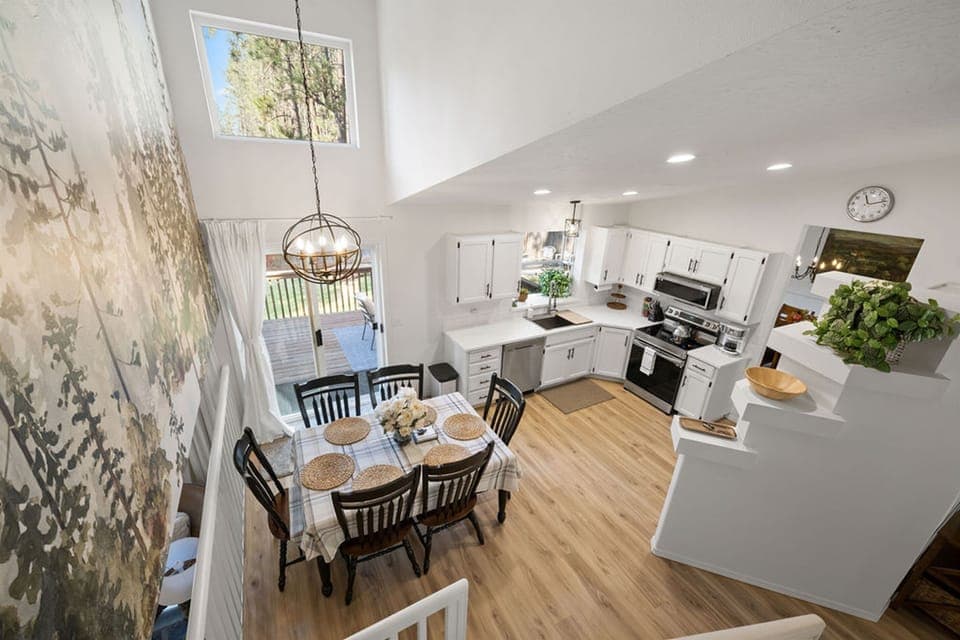 Overview of kitchen and family room from upstairs
