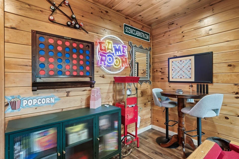 Something for everyone in our game room, complete with a popcorn machine for the perfect snack!