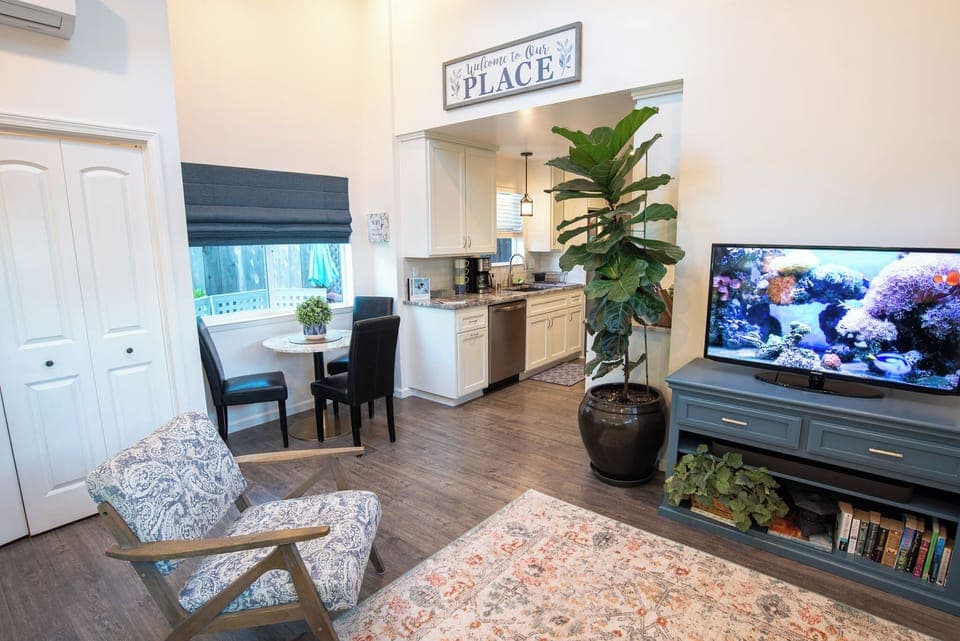 Large screen TV includes ROKU - we provide Hulu, Netflix and Peacock.