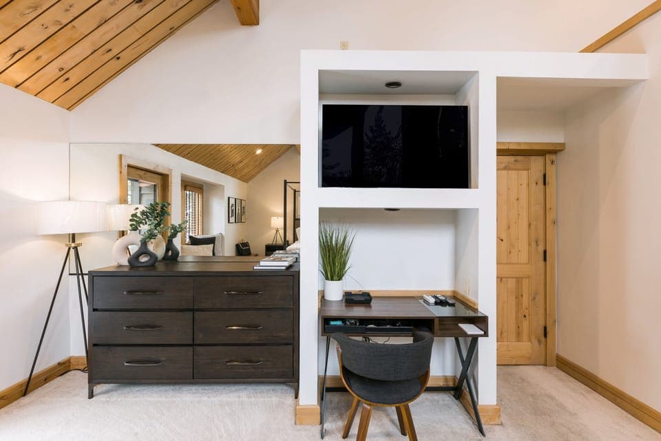 TV, workspace, and dresser.