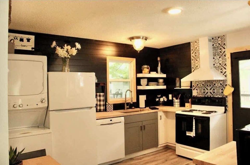 A full kitchen with refrigerator, dishwasher, electric stove, microwave and coffee bar stocked with initial starter coffee pods, tea and hot chocolate.  For your added convenience washer and dryer with detergent and dryer sheets provided. 