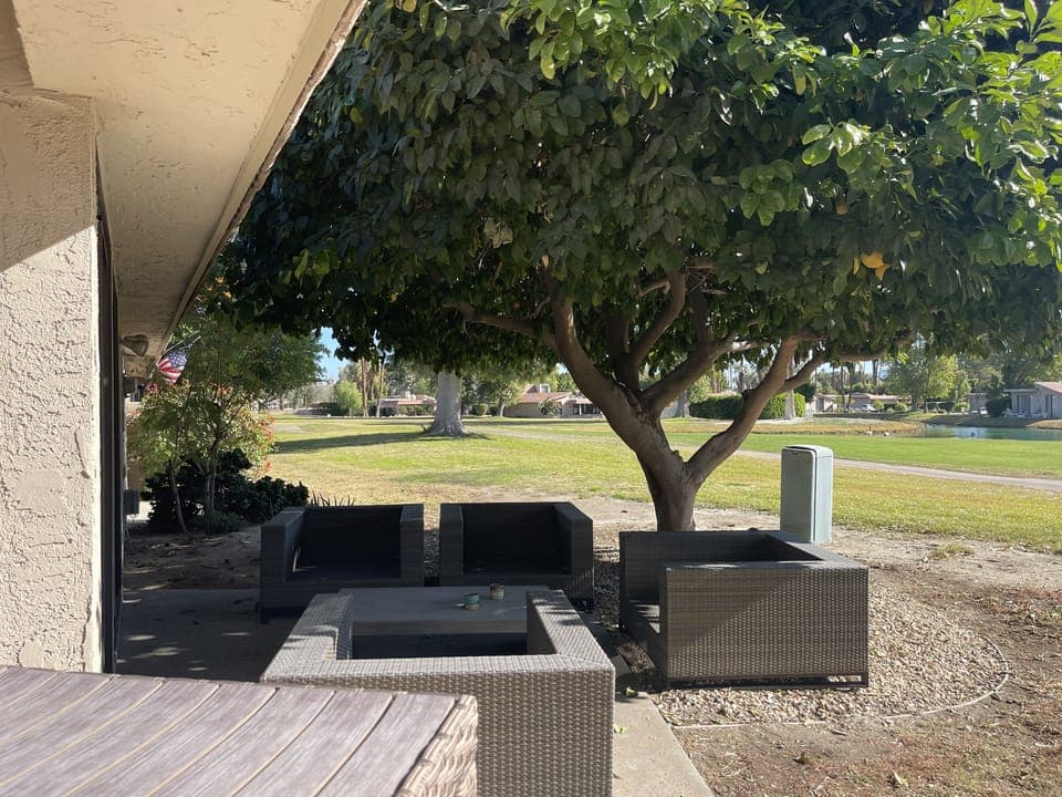 Patio seating on the golf course. 