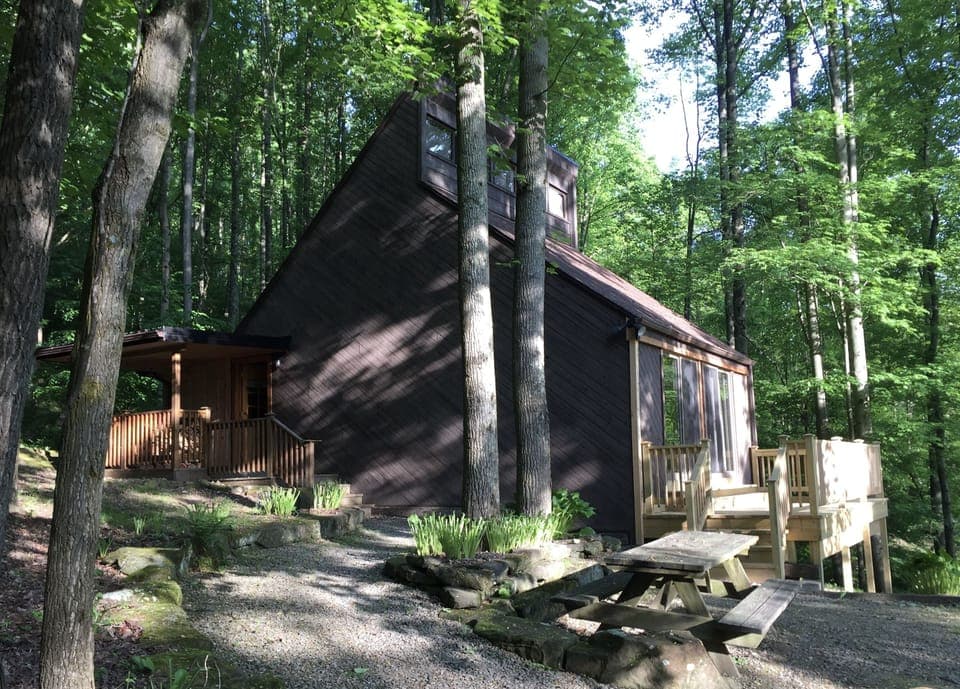 Exterior of the A-frame cabin.