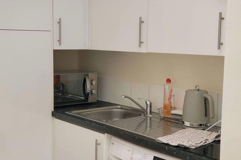 Fridge, microwave, stovetop, electric kettle