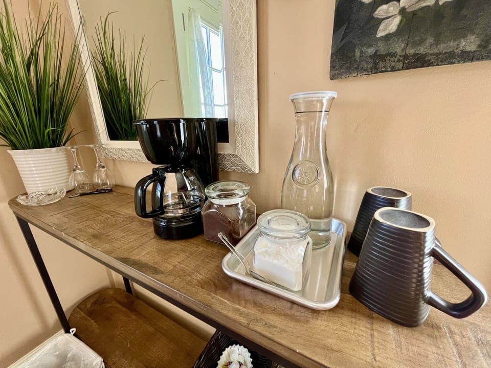 Coffee, tea, and water is provided. 