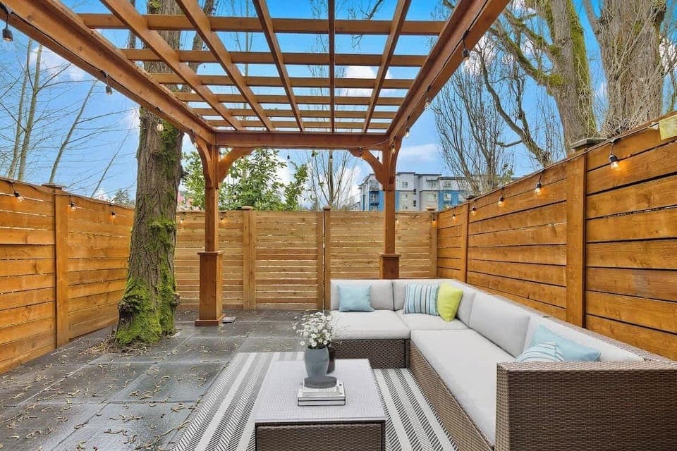 Patio with bistro lights to enjoy Seattle summer evenings