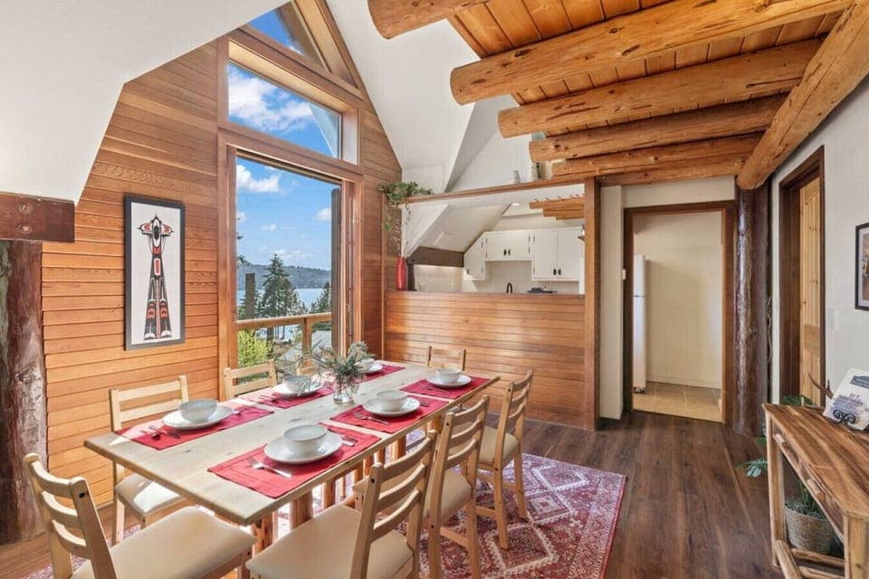 The large red doors open completely to take in spectacular views of Mt. Rainier and the fresh air from the water!