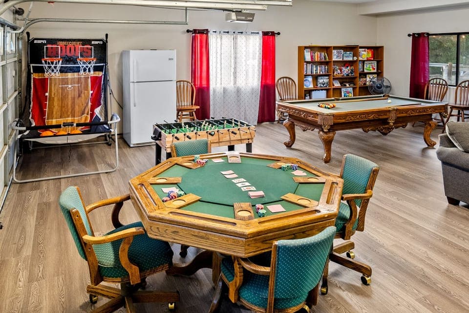 Game Oasis: with Poker Table, Foosball table, Pool table, Basketball Arcade Game