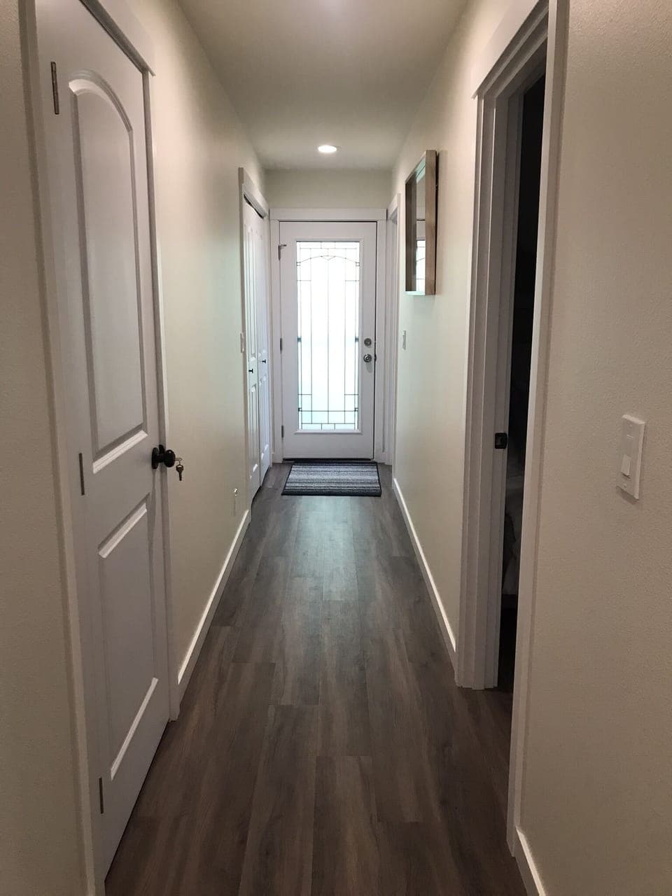 Hallway downstairs. Door to backyard. 