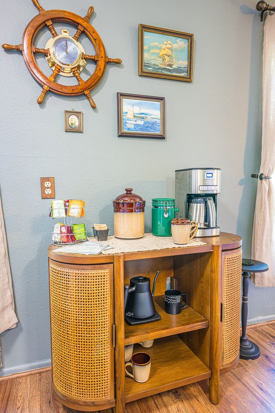 Fully stocked coffee/tea bar.