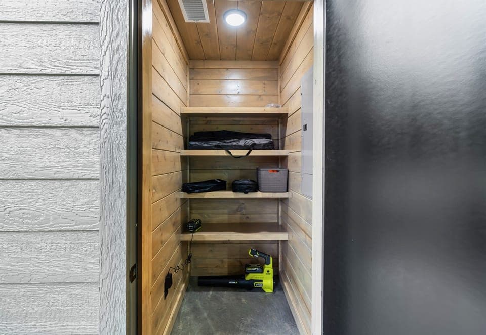 Keep your equipment organized in this handy storage closet right by the court.
