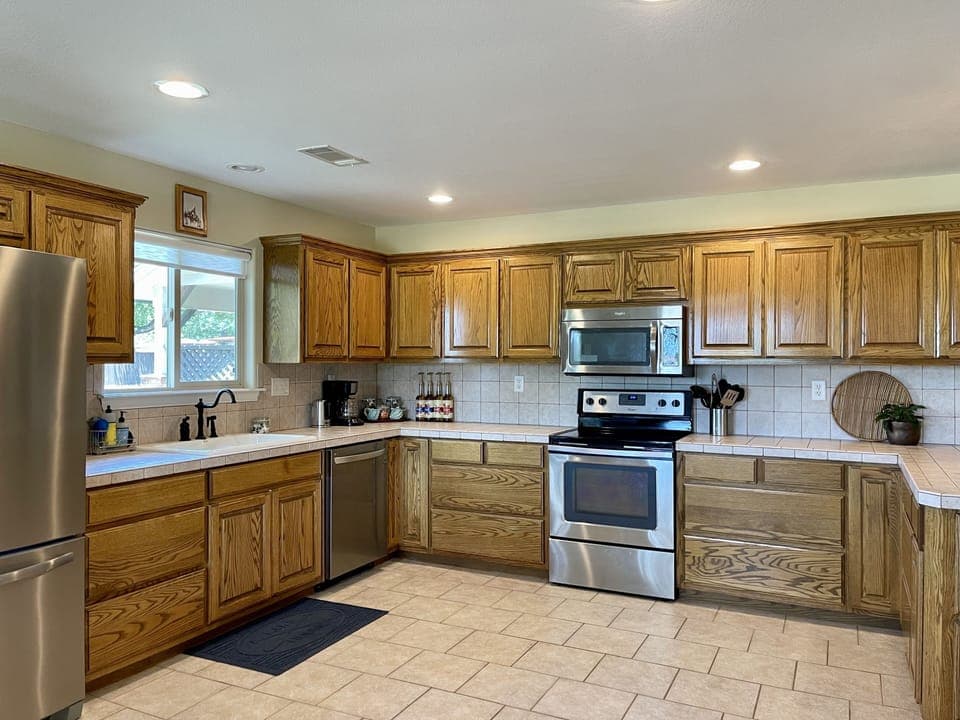 Fully stocked kitchen for easy meal prep.