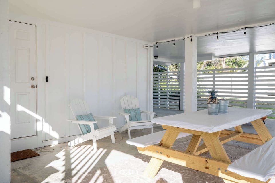 Shaded picnic area under the house.