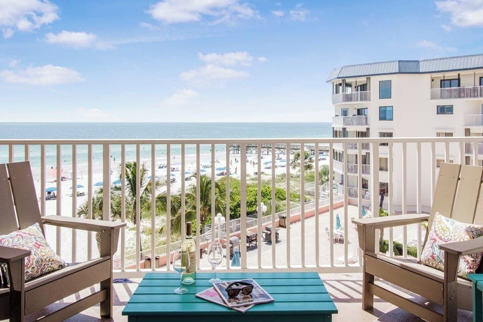 Balcony with panoramic views of the Gulf of Mexico and the heated pool.