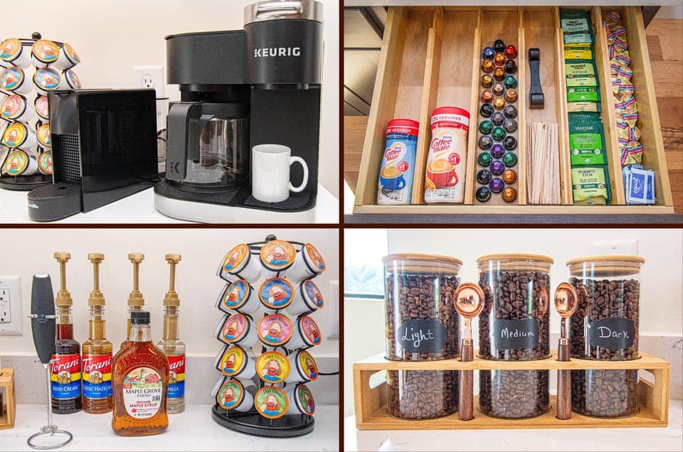 Coffee Bar with Nespresso, Keurig Single and Pot brew, French Press, Light/Medium/Dark Coffee Beans, Various Syrups, Condiments, sweeteners,.salt, Sugar, Spices, Aluminium Foil, Green Tea, Creamer and more..