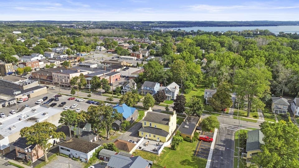 An aerial view captures a lush landscape teeming with vibrant greenery, creating a breathtaking natural tapestry.
