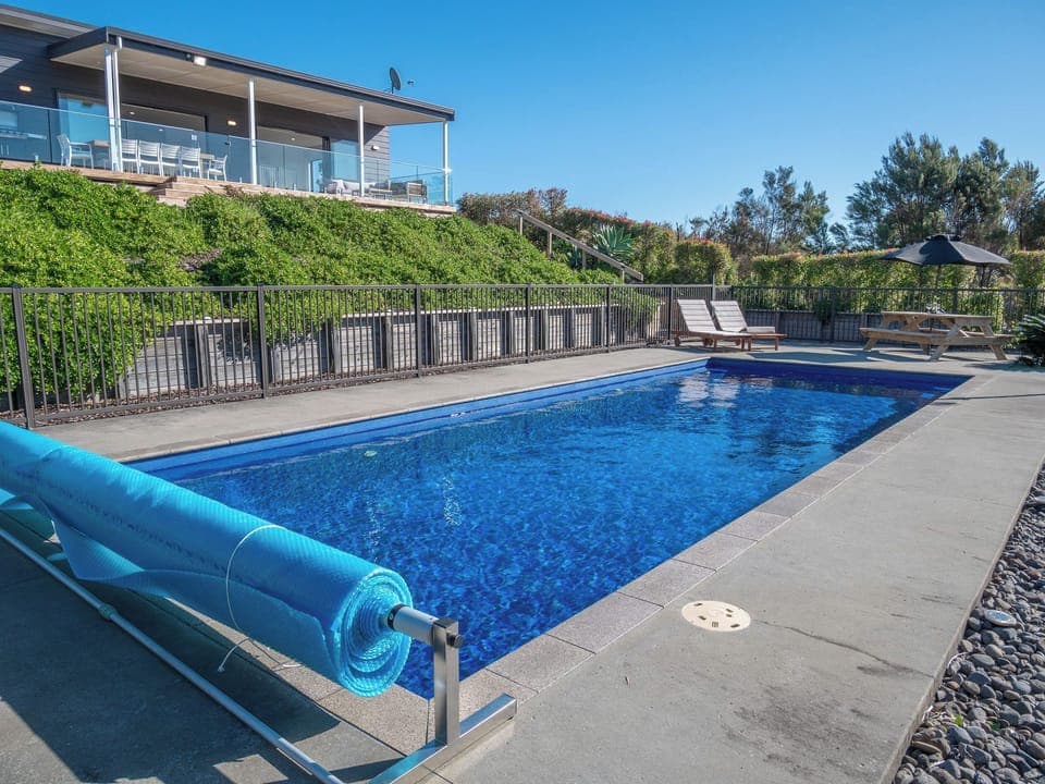 The sparkling pool is salt water so the chlorine levels are low.