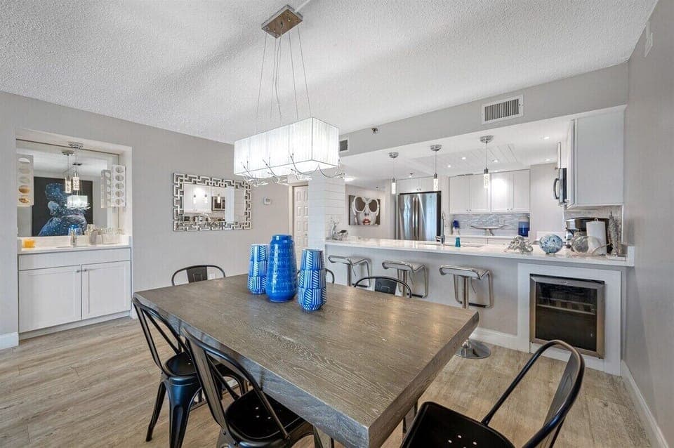 Dining table with seating for 6 plus 3 counter top stools