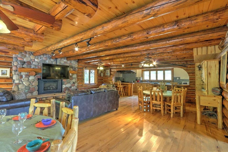 Spacious dining area with seating area and fireplace