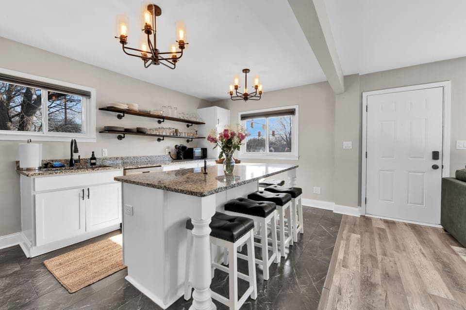 6 seating arrangements around oversized Granite Counters for Dining Experience