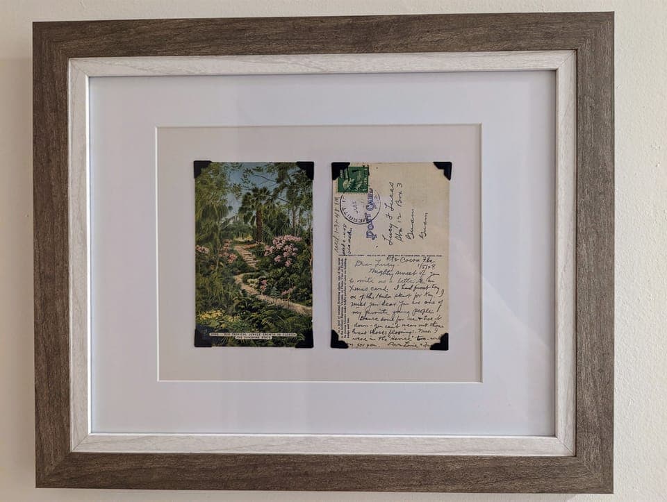 Featuring our vintage postcards from South Florida, and beyond, thru out the apartment. This holiday card was received January 31st, 1948. 1 cent stamp!