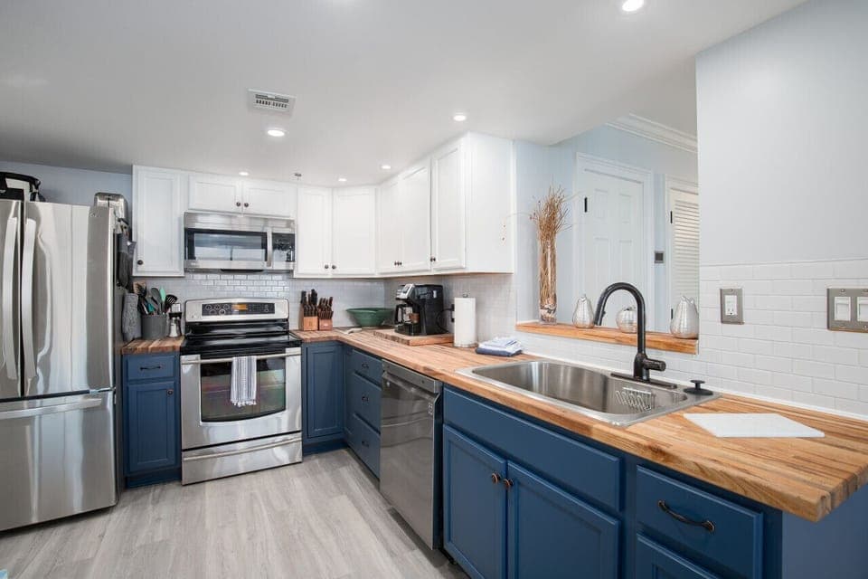 Beautifully remodeled kitchen with new stainless steel appliances.