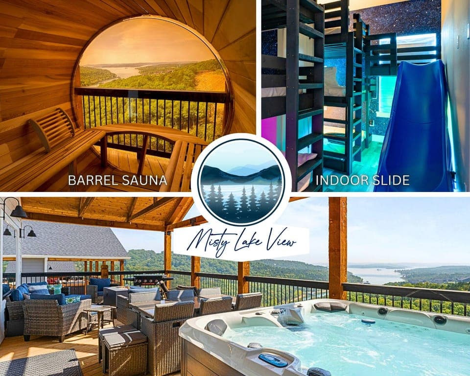 Welcome to MISTY LAKE VIEW! This 8BR getaway has it all — HOT TUB, BARREL SAUNA, INDOOR SLIDE, and space for the whole crew to relax and play.
