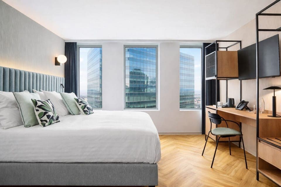 Desk, laptop workspace, blackout drapes, soundproofing