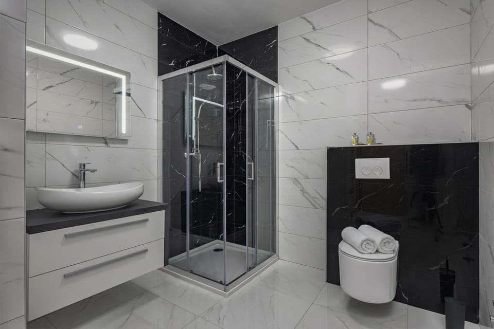 Family Room, Multiple Bedrooms, Sea Facing (Family Resort Santa Maria II Room 201) | Bathroom | Shower, hair dryer, towels, soap