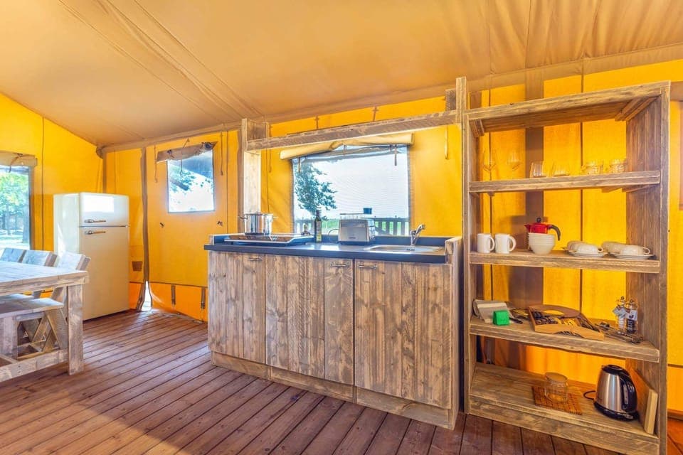 Luxury Tent | Private kitchen | Full-size fridge, microwave, stovetop, electric kettle