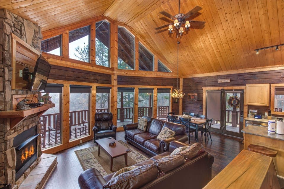 Cabin, Multiple Beds, Pool Access | Living area | 42-inch flat-screen TV with digital channels, TV, fireplace