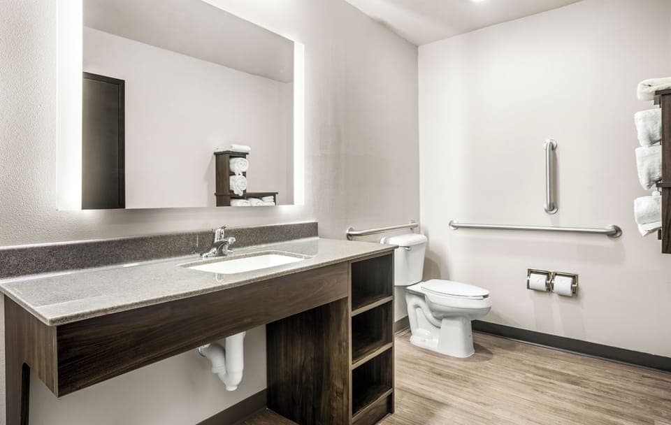 Room, 1 Queen Bed (Hearing Impaired, Roll-In Shower) | Bathroom | Free toiletries, hair dryer, towels, soap