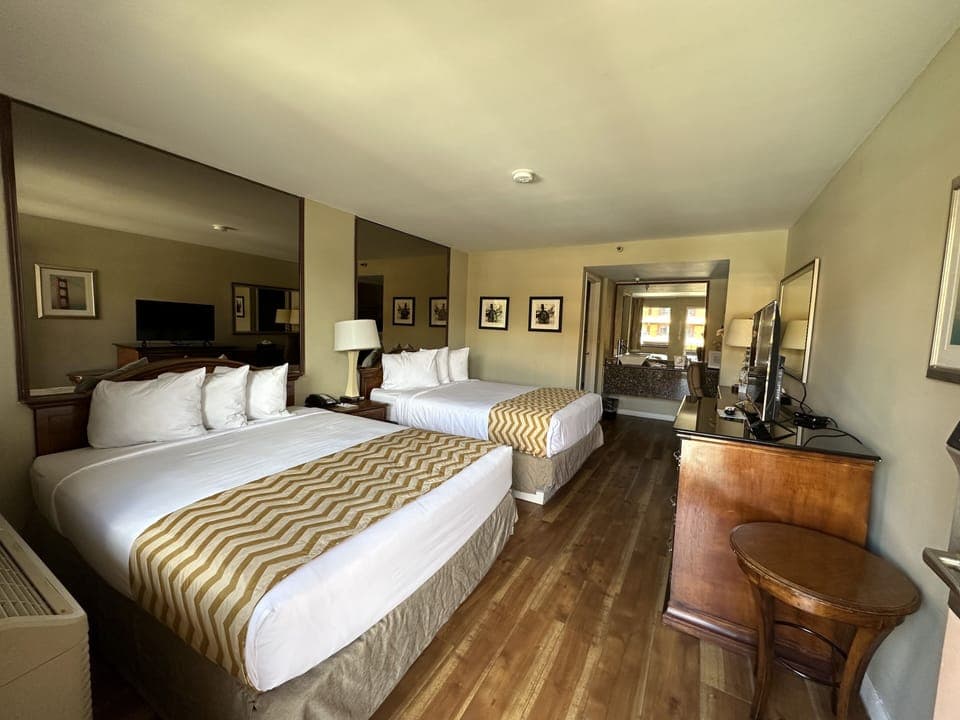 Room, 2 Queen Beds, Non Smoking | Desk, laptop workspace, blackout drapes, iron/ironing board