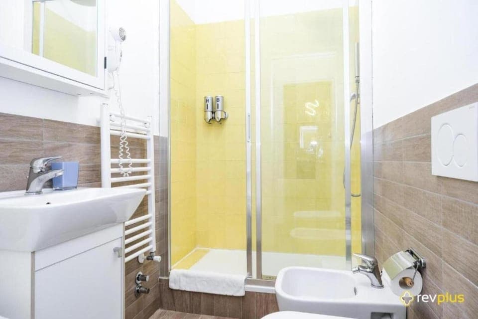 Shower, hair dryer, bidet, towels