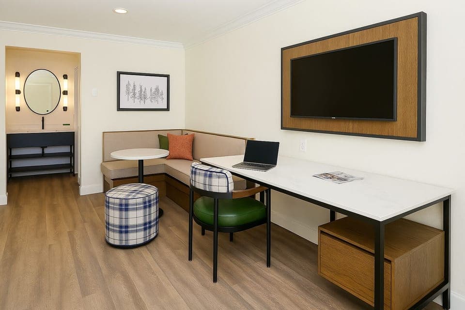 Desk, laptop workspace, free WiFi, bed sheets