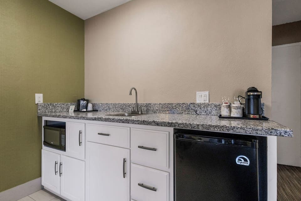 Mini-fridge, microwave, coffee/tea maker