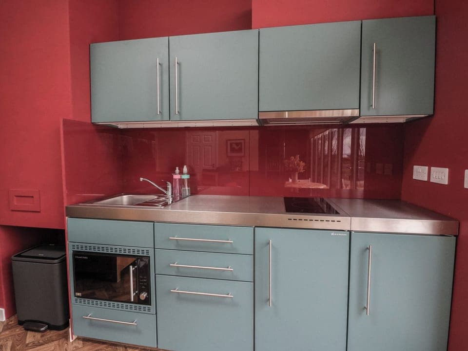 Fridge, electric kettle, toaster, cookware/dishes/utensils