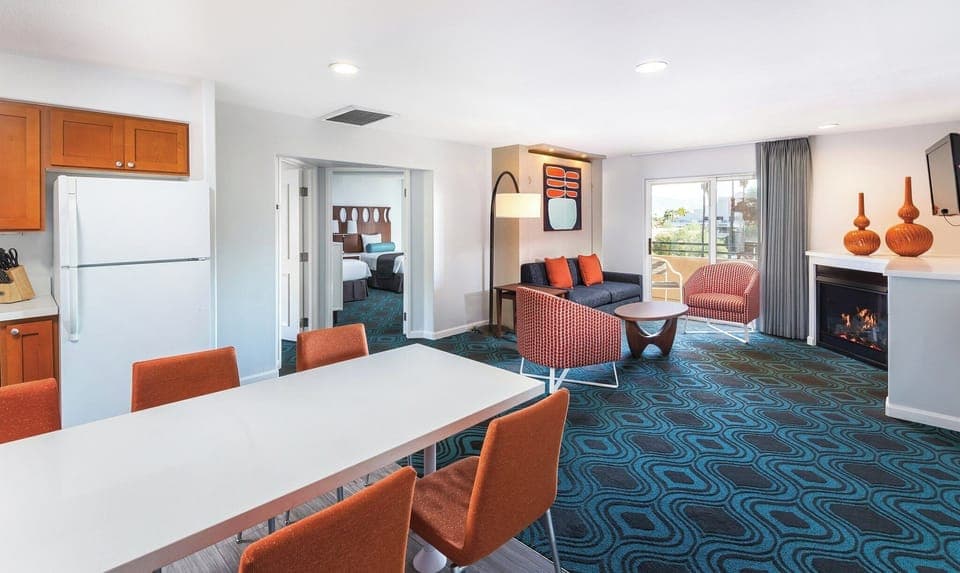 LCD TV, pay movies, MP3 dock