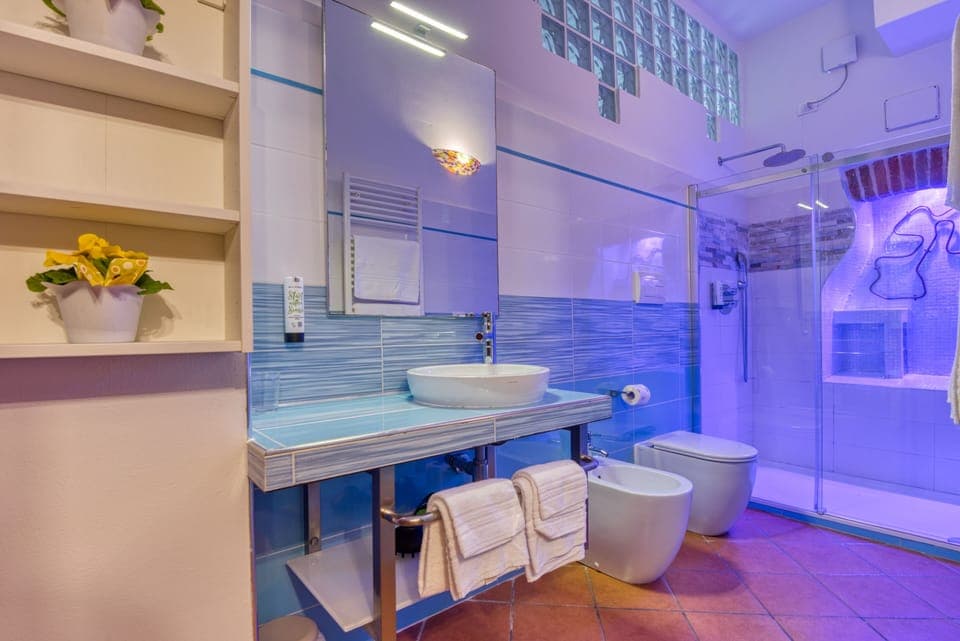 Shower, free toiletries, hair dryer, towels