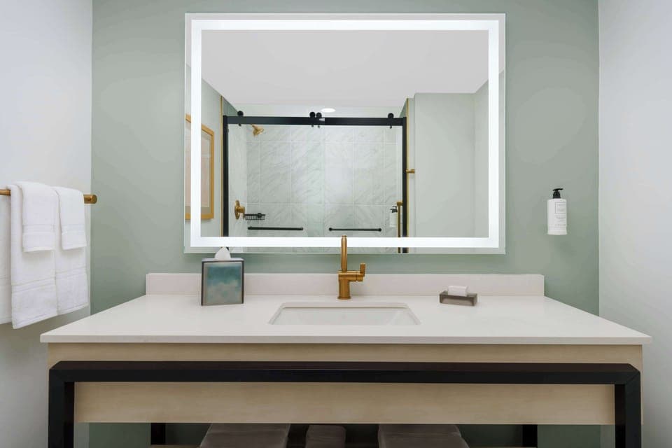 Eco-friendly toiletries, hair dryer, towels, soap