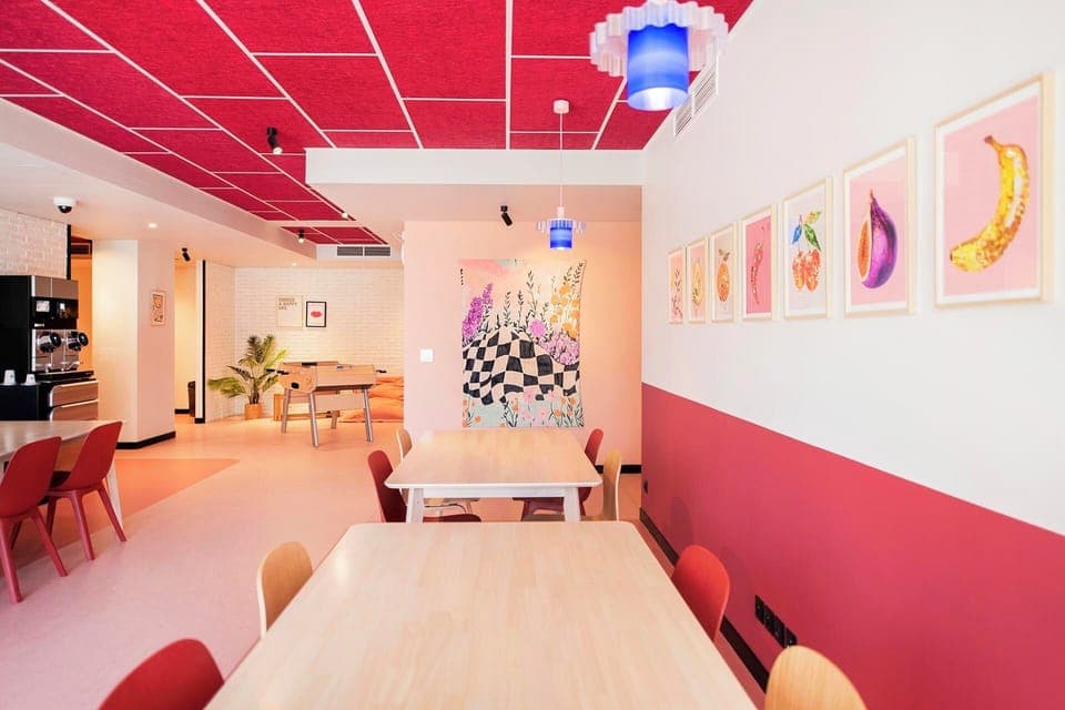 Fridge, microwave, stovetop, dining tables