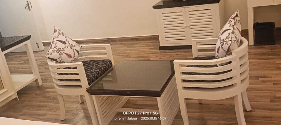 Desk, laptop workspace, blackout drapes, iron/ironing board