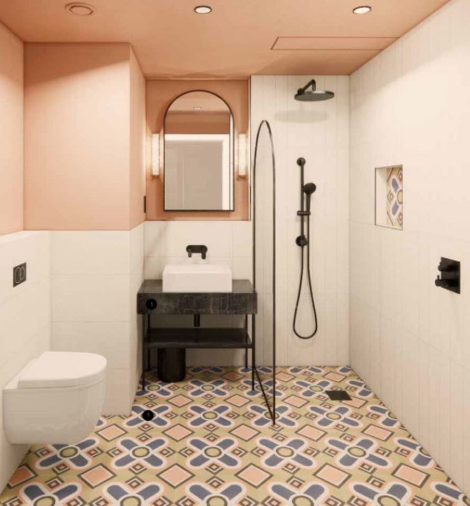 Shower, rainfall showerhead, free toiletries, hair dryer