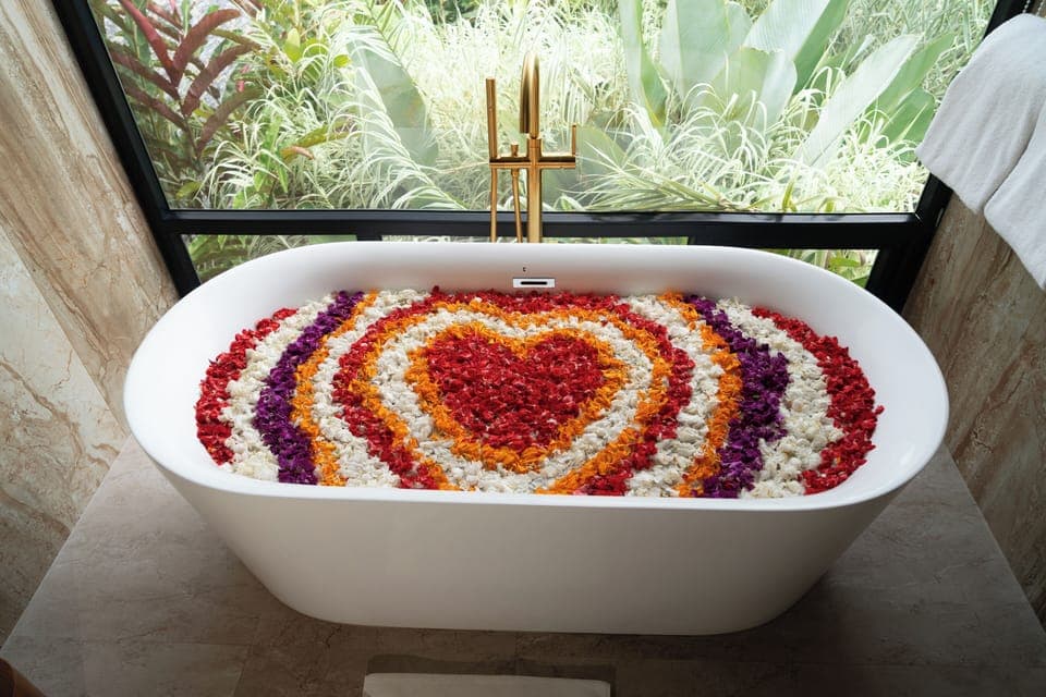 Separate tub and shower, rainfall showerhead, free toiletries