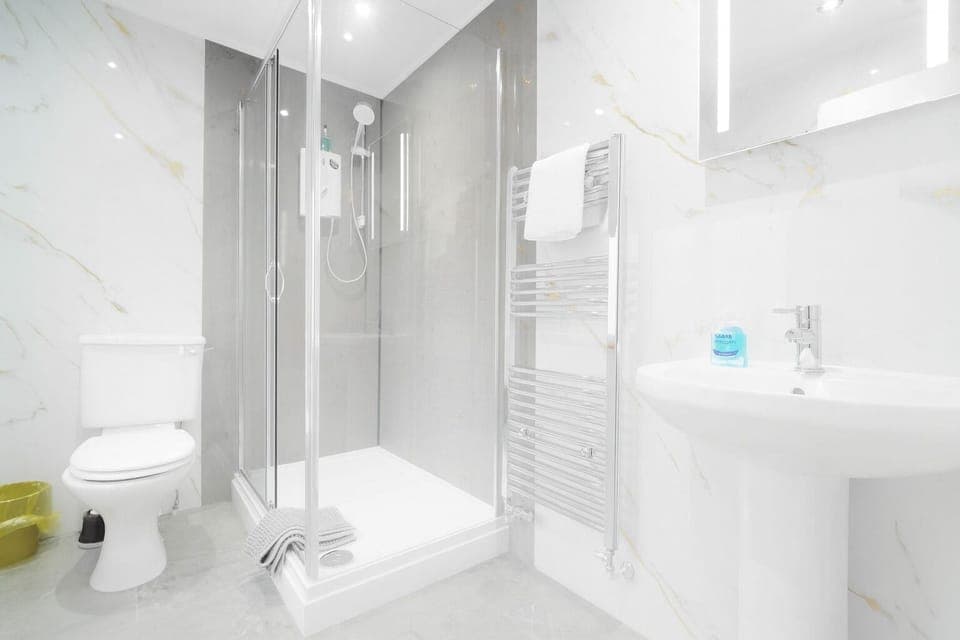 Room 213 | Bathroom | Hair dryer, towels, shampoo, toilet paper